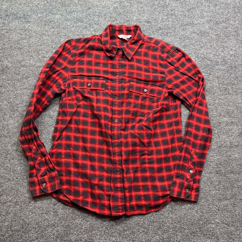 LL Bean Signature Flannel‎ Shirt Womens 8 Red Black Plaid Long Sleeve Button Up